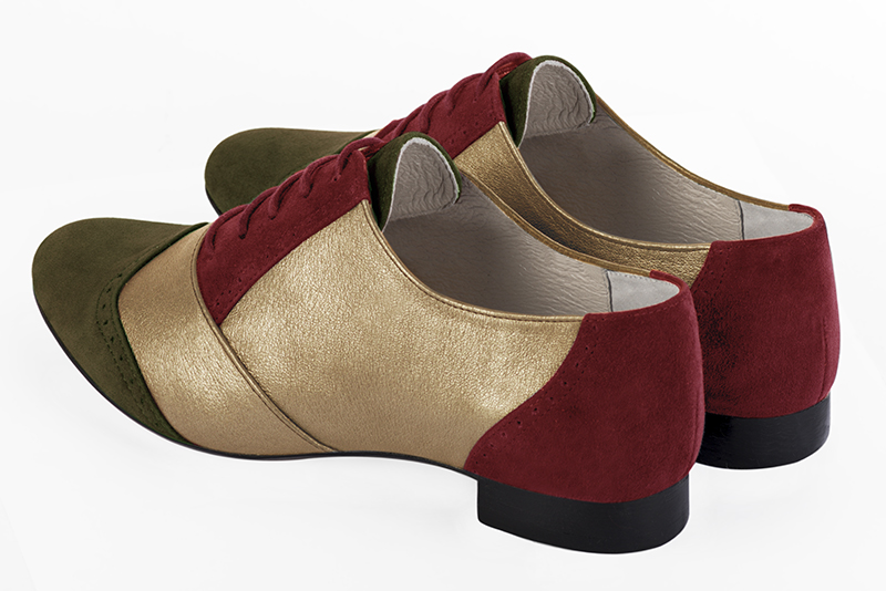 Khaki green, gold and burgundy red women's fashion lace-up shoes. Round toe. Flat leather soles. Rear view - Florence KOOIJMAN